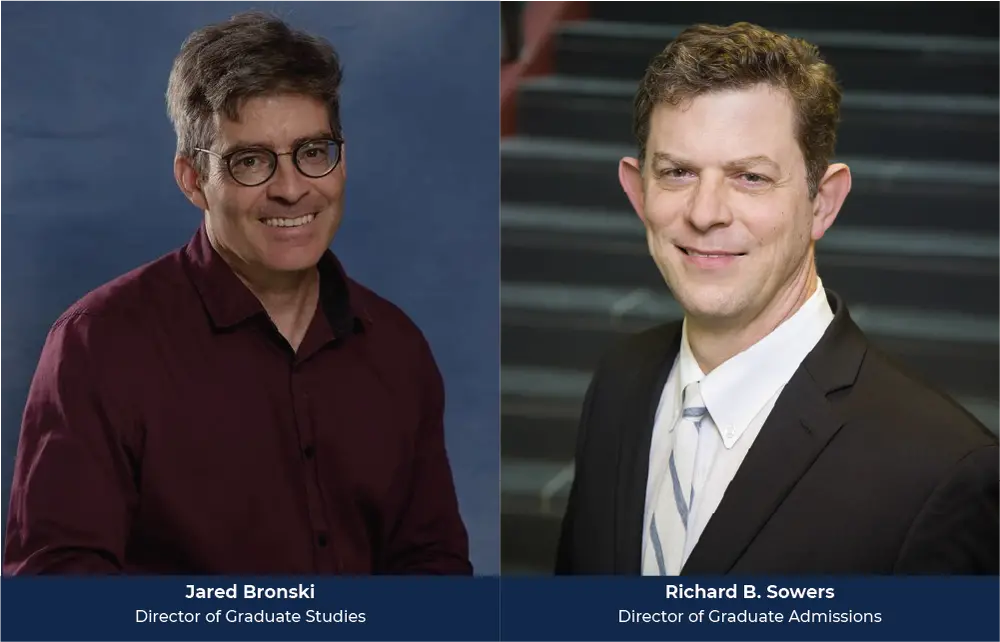On the left is a portrait of Jared Bronski wearing a red button up shirt against a blue background. On the right is Richard B. Sowers wearing a white dress shirt with a black jacket in front of a set of stairs.