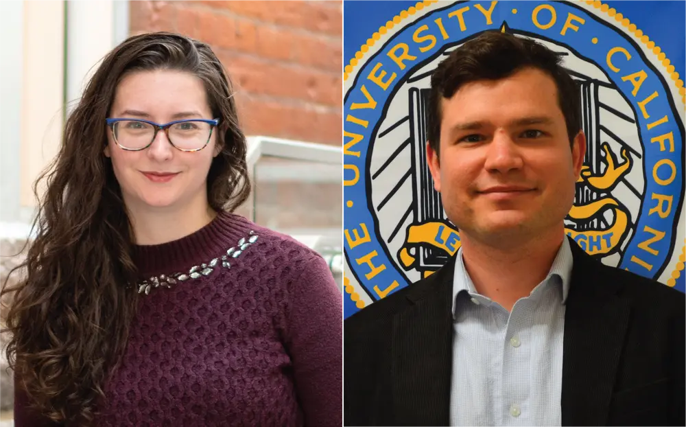 Michelle Delcourt to the left wearing burgundy sweater and Anton Bernshteyn to the right wearing a black jacket and white button-up in front of UCLA poster.